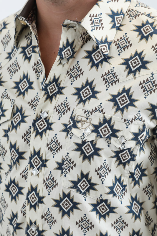 beige tribal stripe western shirt men platini close-up