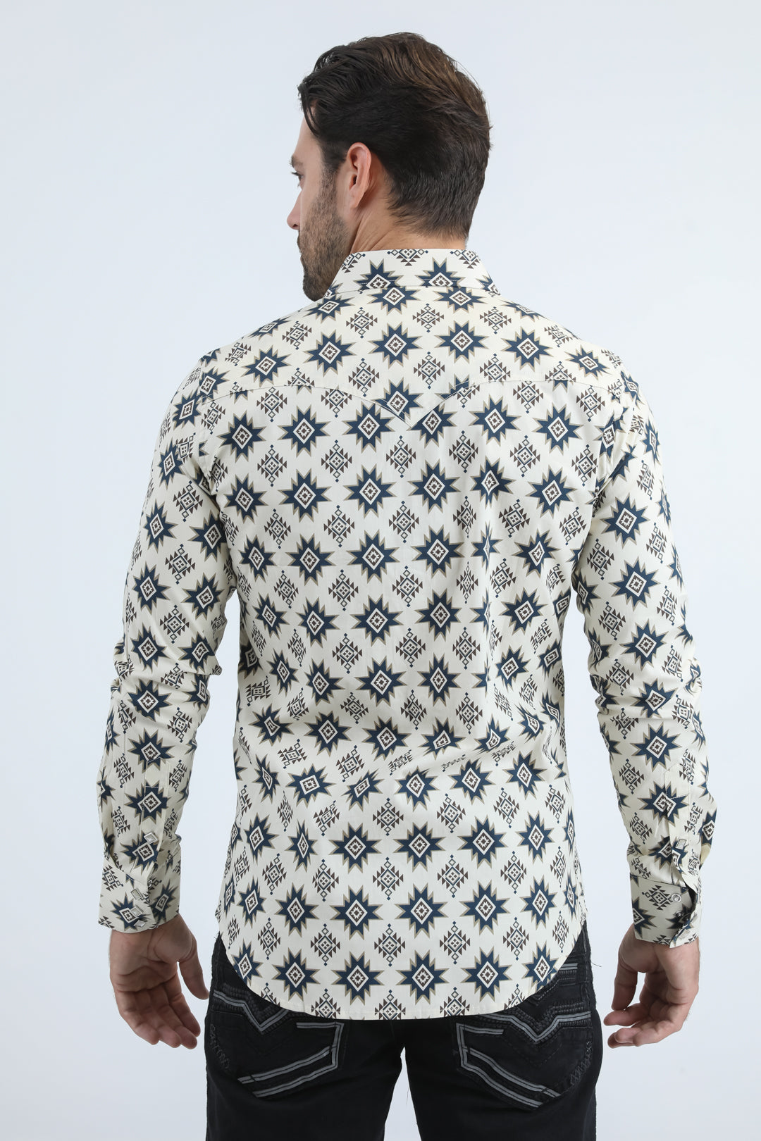 Mens Western Modern Fit Cotton/Spandex Long Sleeve Beige Shirt with Snaps