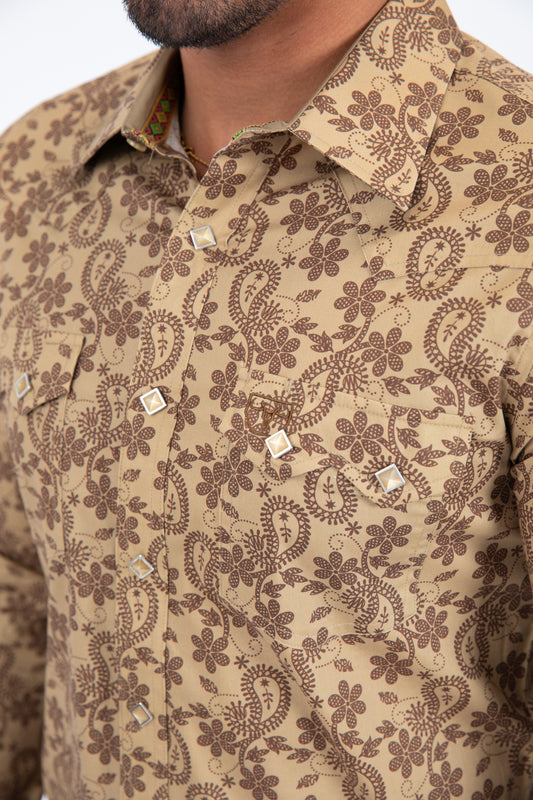 beige organic botanical western shirt men platini close-up