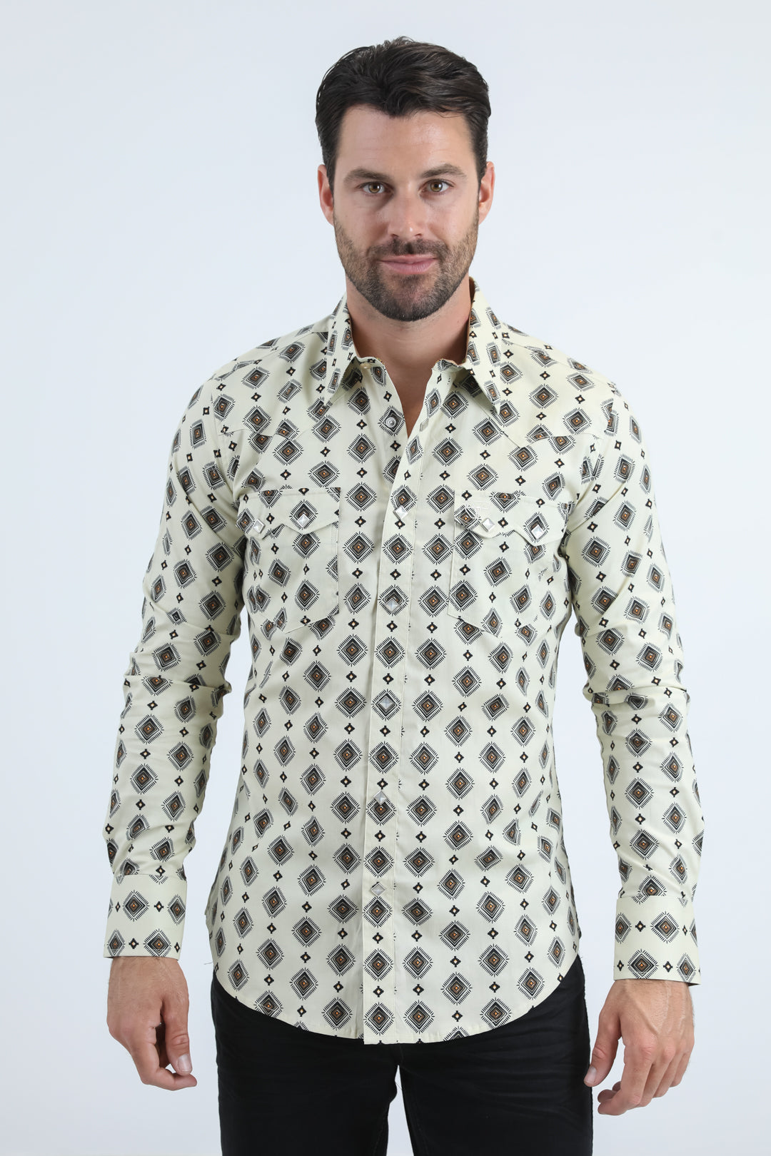 Mens Western Modern Fit Cotton/Spandex Long Sleeve Beige Shirt with Snaps