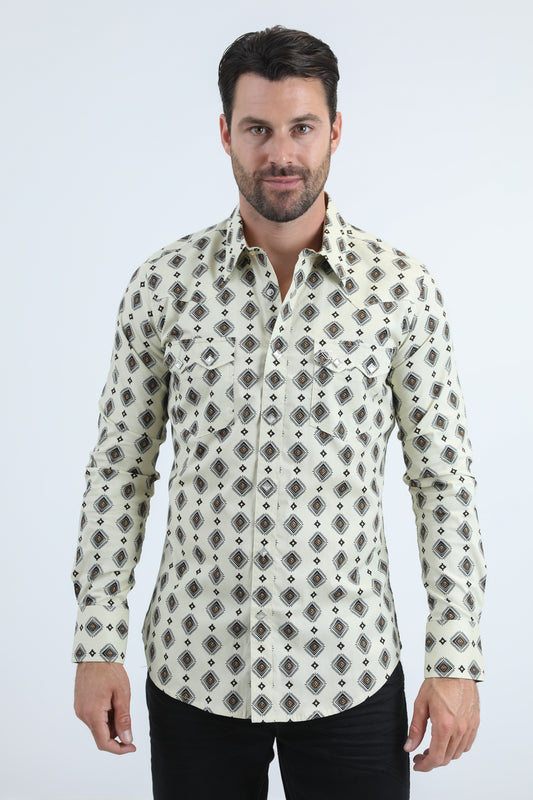 Mens Western Modern Fit Cotton/Spandex Long Sleeve Beige Shirt with Snaps