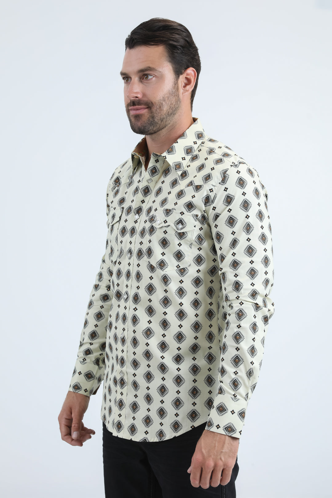 Mens Western Modern Fit Cotton/Spandex Long Sleeve Beige Shirt with Snaps