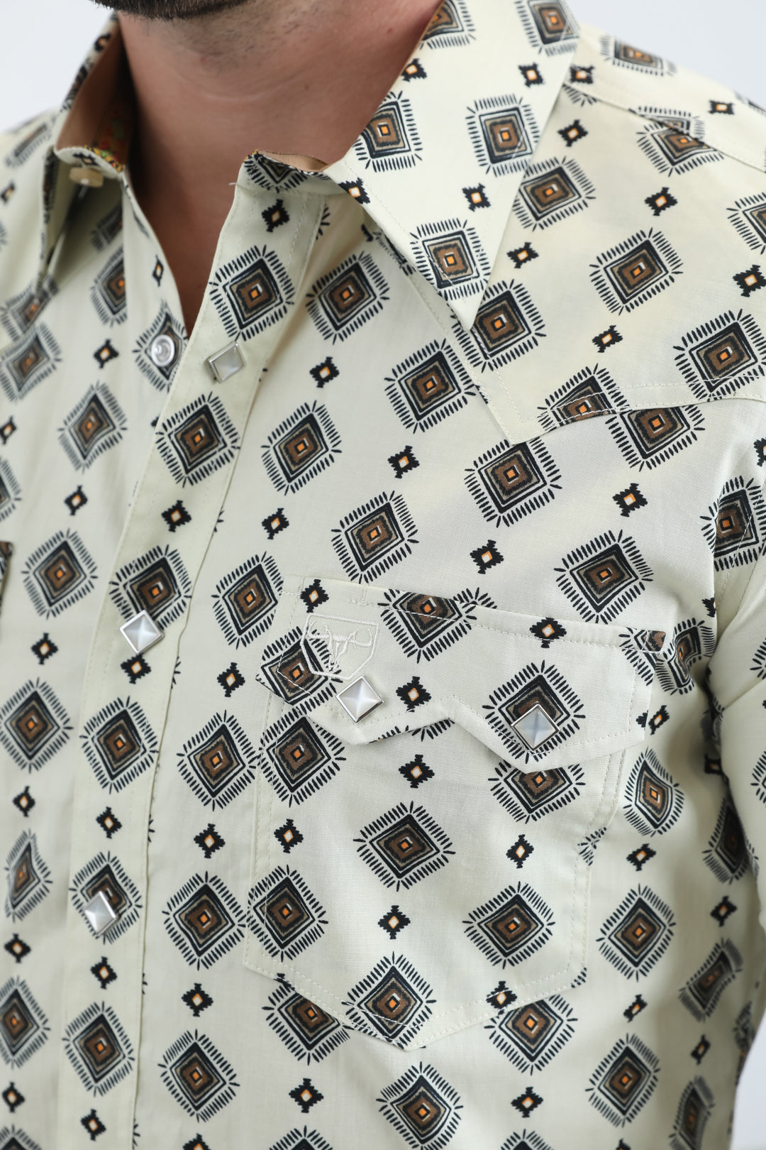 Mens Western Modern Fit Cotton/Spandex Long Sleeve Beige Shirt with Snaps