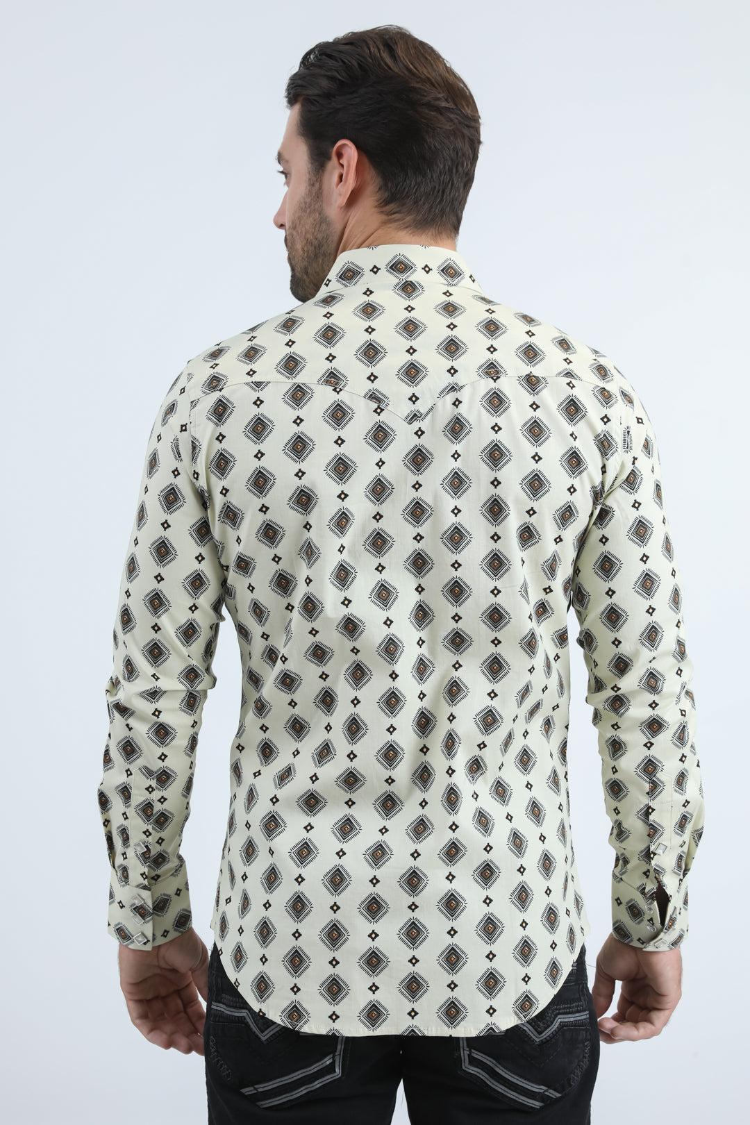 Mens Western Modern Fit Cotton/Spandex Long Sleeve Beige Shirt with Snaps