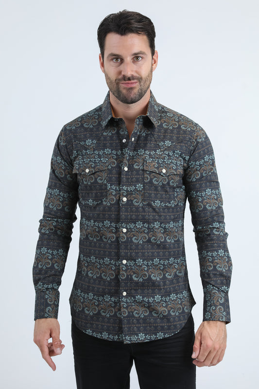 Mens Western Modern Fit Cotton/Spandex Long Sleeve Black/Gold Shirt with Snaps