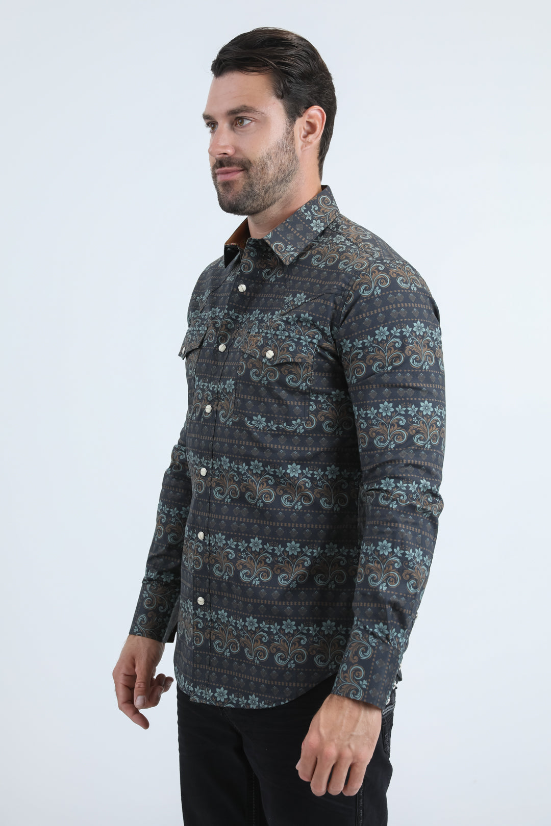 Mens Western Modern Fit Cotton/Spandex Long Sleeve Black/Gold Shirt with Snaps