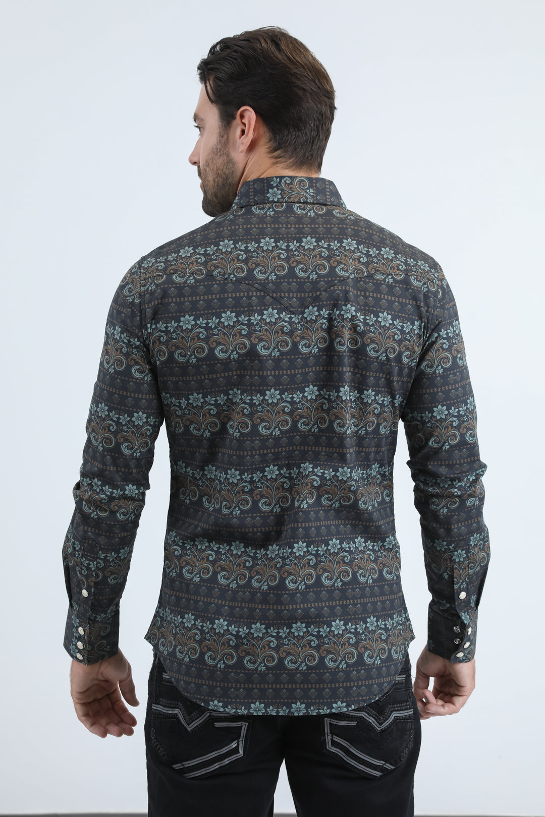 Mens Western Modern Fit Cotton/Spandex Long Sleeve Black/Gold Shirt with Snaps