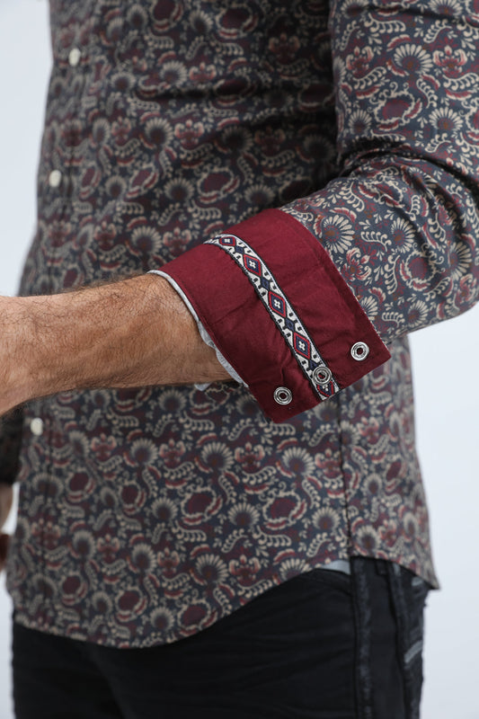 black leaf diamond botanical western shirt platini detail