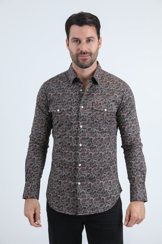 Mens Western Modern Fit Cotton/Spandex Long Sleeve Black Shirt with Snaps