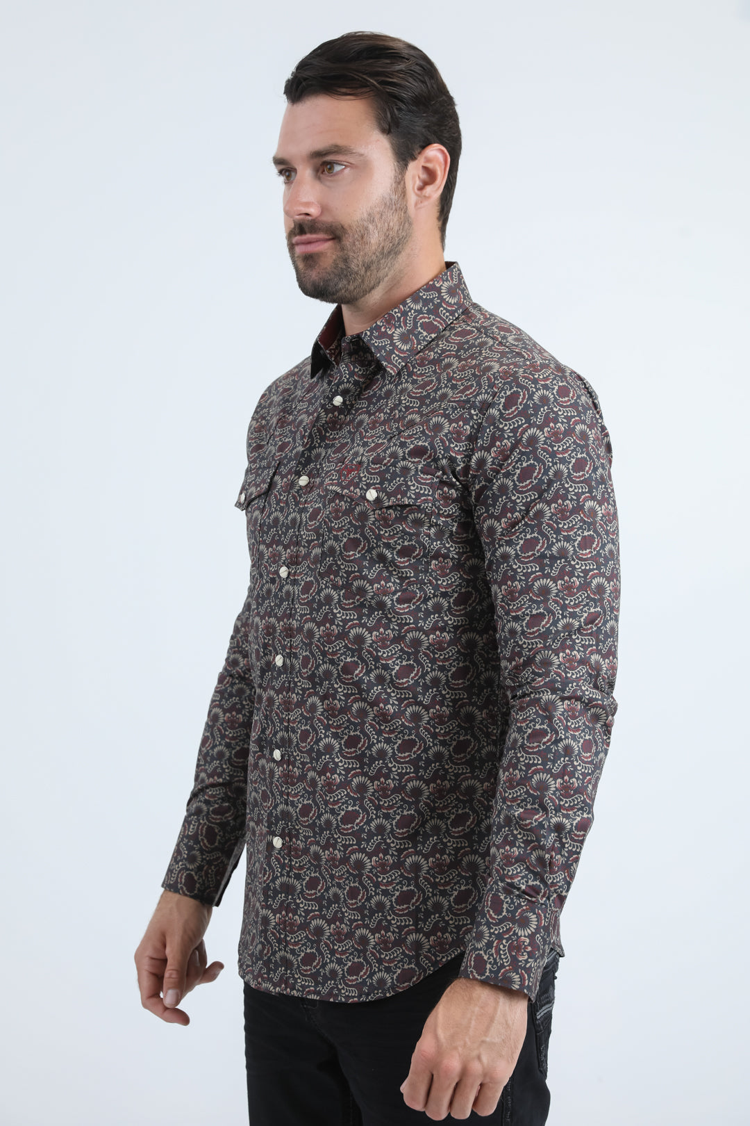 Mens Western Modern Fit Cotton/Spandex Long Sleeve Black Shirt with Snaps