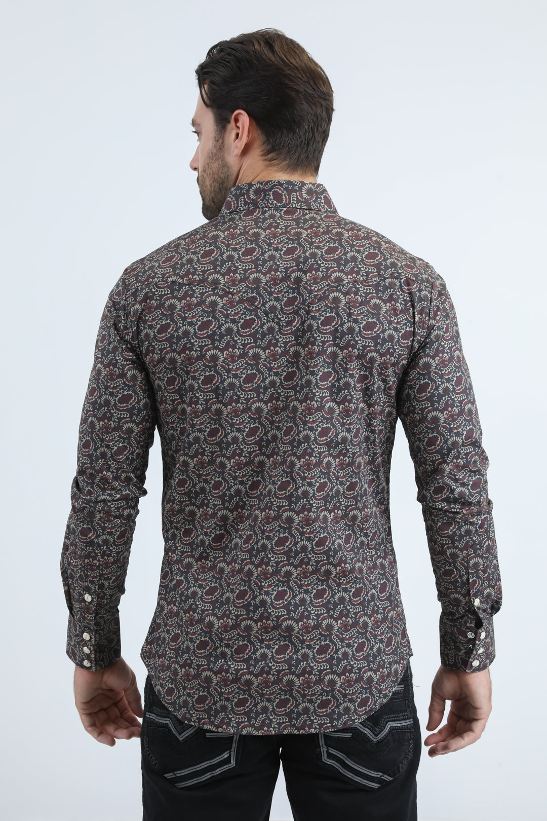 Mens Western Modern Fit Cotton/Spandex Long Sleeve Black Shirt with Snaps