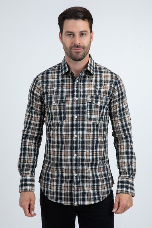 Mens Western Modern Fit Cotton/Spandex Long Sleeve Black Shirt with Snaps