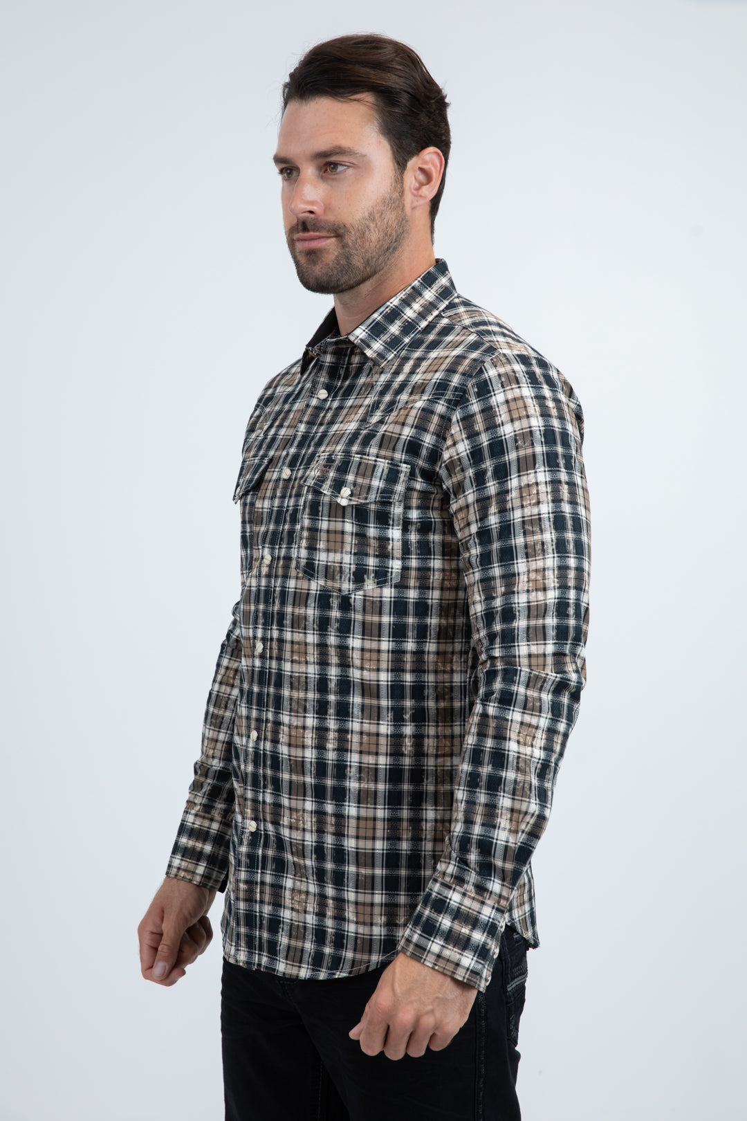 Mens Western Modern Fit Cotton/Spandex Long Sleeve Black Shirt with Snaps