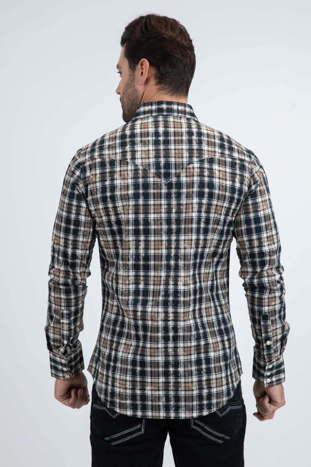 Mens Western Modern Fit Cotton/Spandex Long Sleeve Black Shirt with Snaps