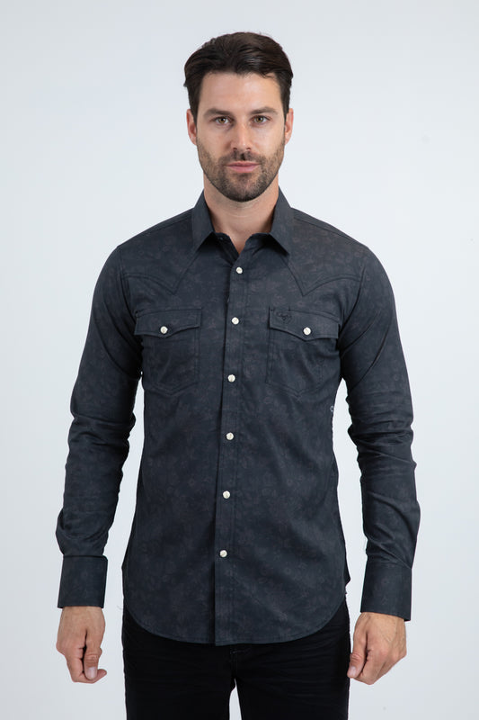 Mens Western Modern Fit Cotton/Spandex Long Sleeve Black Shirt with Snaps