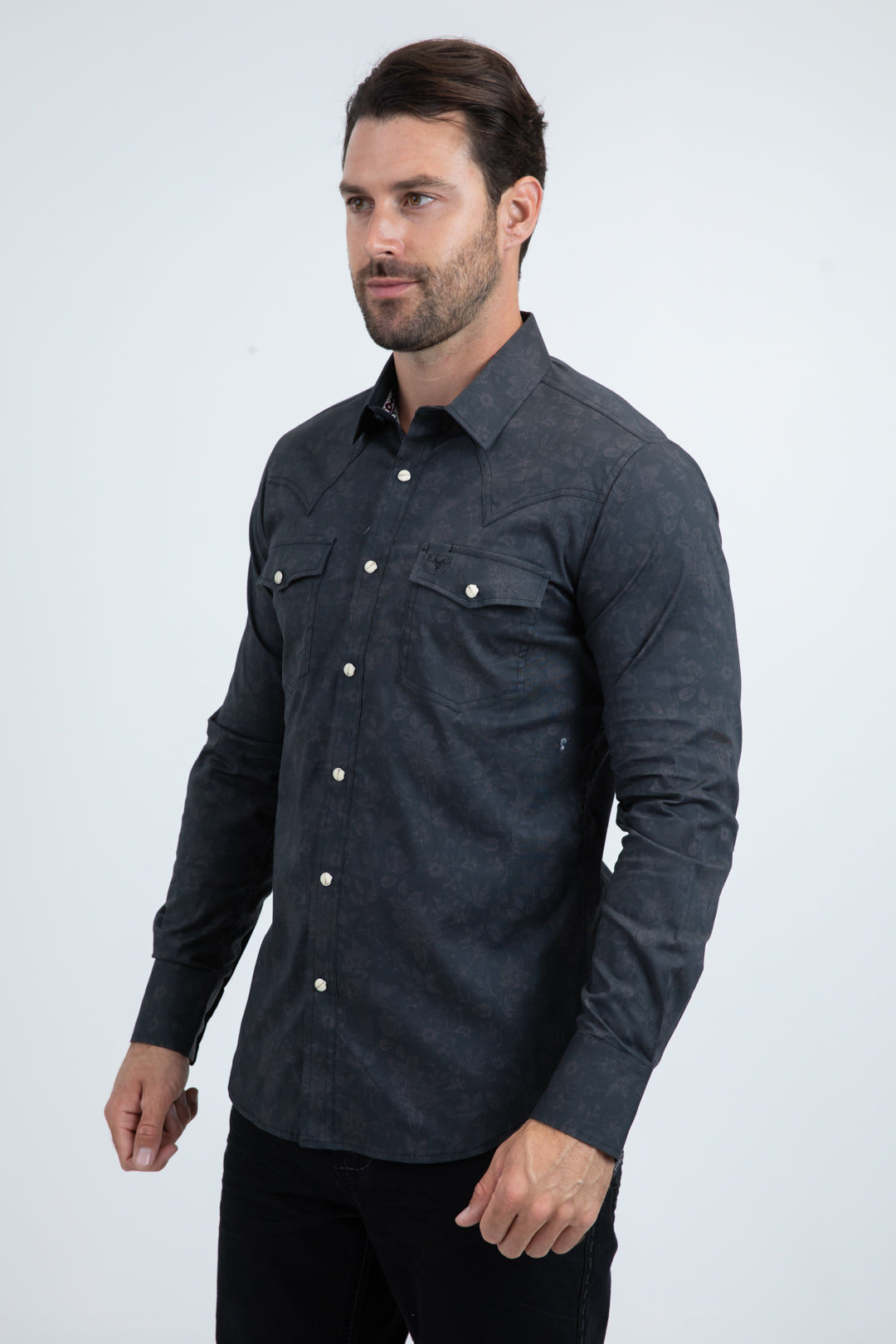 Mens Western Modern Fit Cotton/Spandex Long Sleeve Black Shirt with Snaps