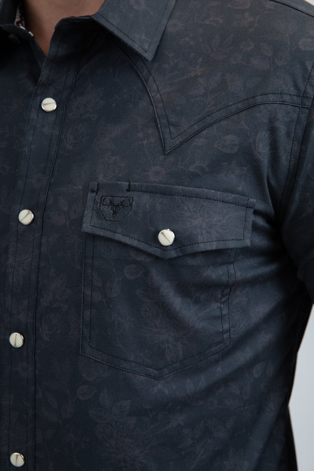 Mens Western Modern Fit Cotton/Spandex Long Sleeve Black Shirt with Snaps