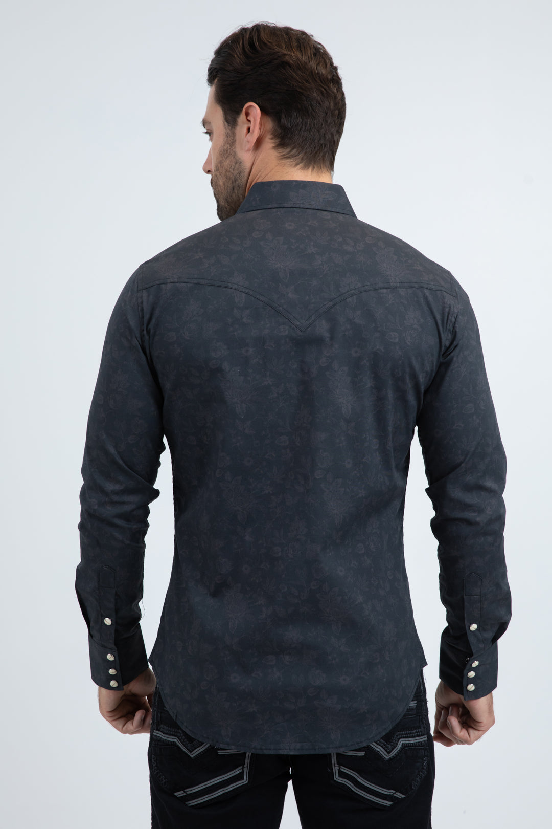 Mens Western Modern Fit Cotton/Spandex Long Sleeve Black Shirt with Snaps