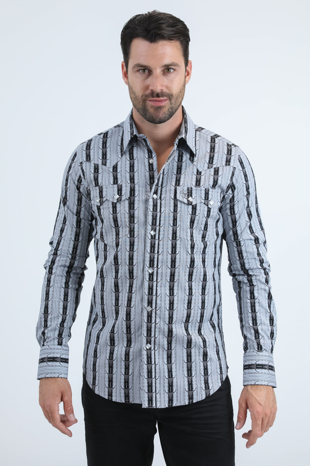 Mens Western Modern Fit Cotton/Spandex Long Sleeve Black Shirt with Snaps