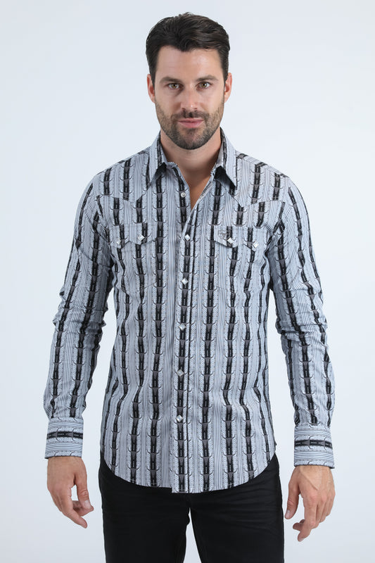 Mens Western Modern Fit Cotton/Spandex Long Sleeve Black Shirt with Snaps