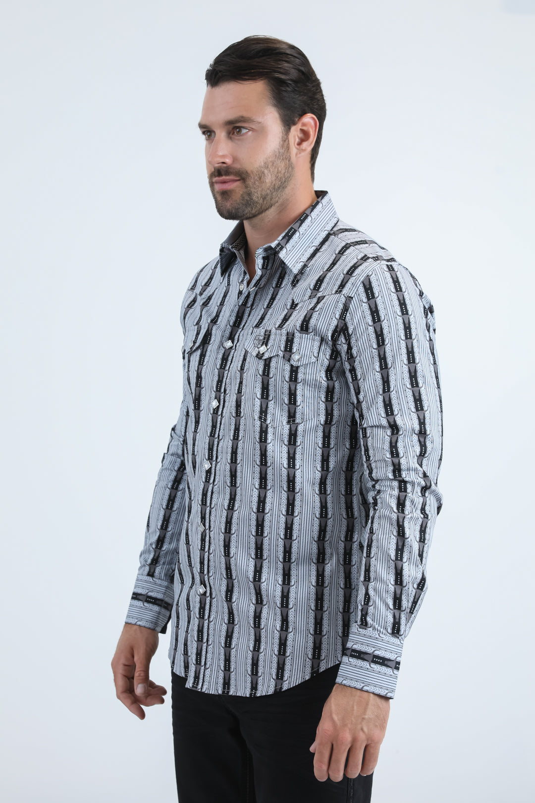 Mens Western Modern Fit Cotton/Spandex Long Sleeve Black Shirt with Snaps