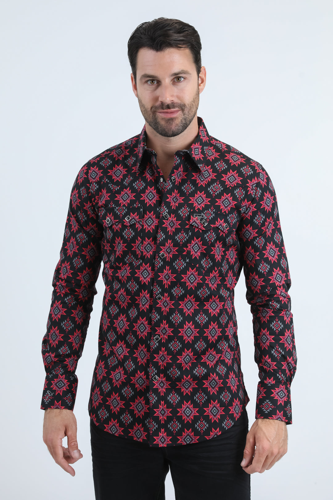 Mens Western Modern Fit Cotton/Spandex Long Sleeve Black Shirt with Snaps