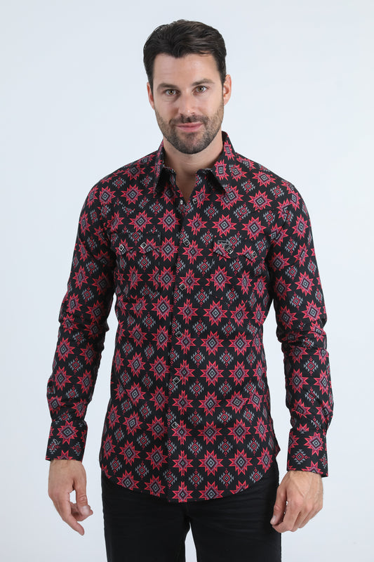 Mens Western Modern Fit Cotton/Spandex Long Sleeve Black Shirt with Snaps