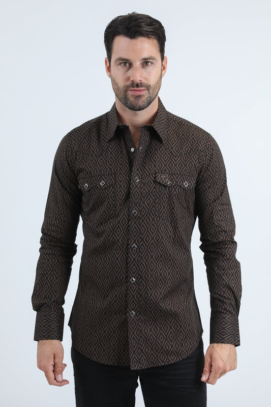 Mens Western Modern Fit Cotton/Spandex Long Sleeve Black Shirt with Snaps