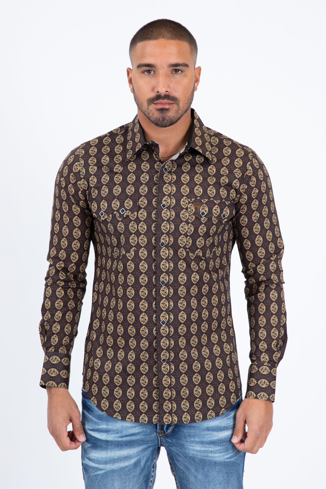 black ii micro pattern geometric western shirt platini