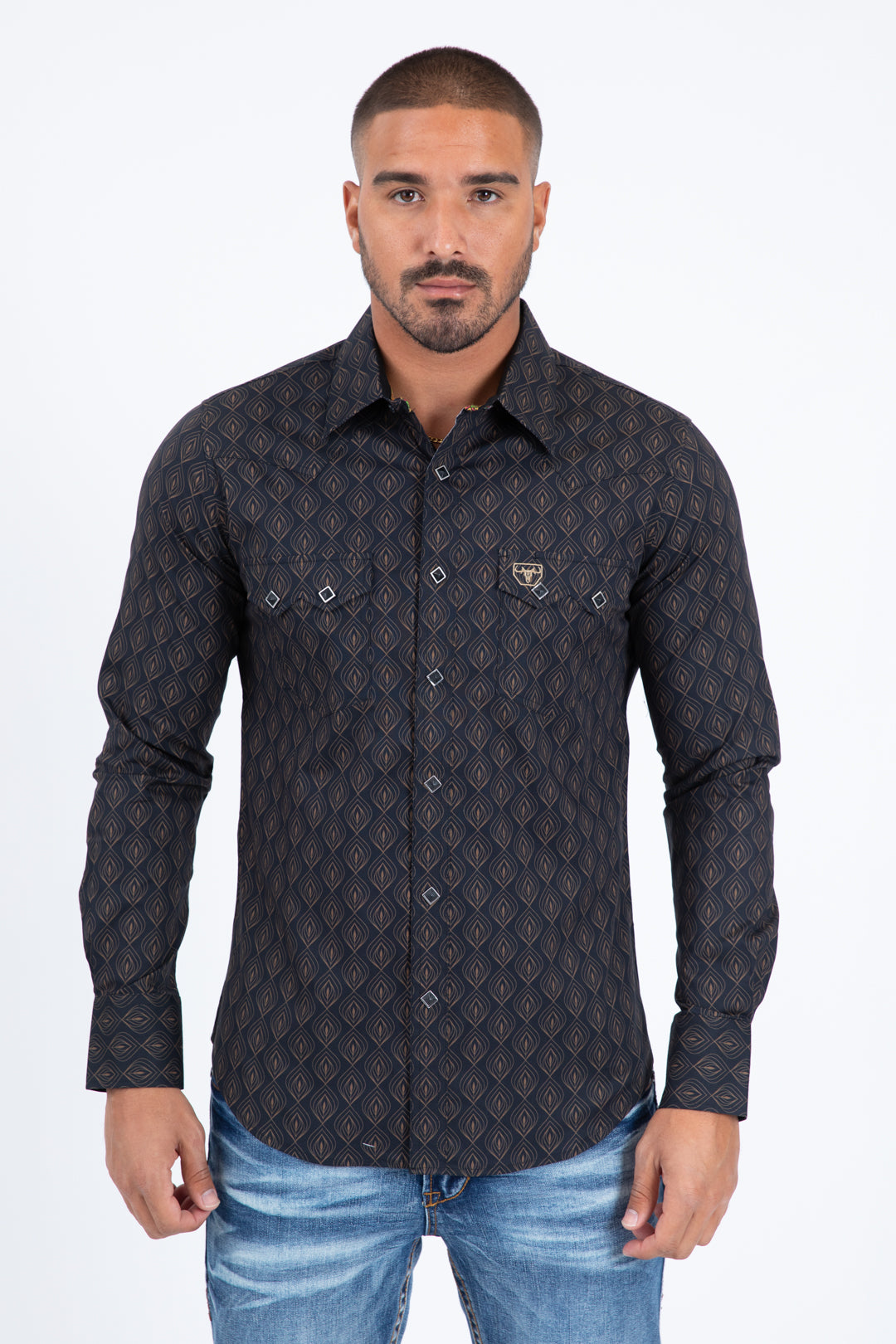 black micro pattern geometric western shirt platini