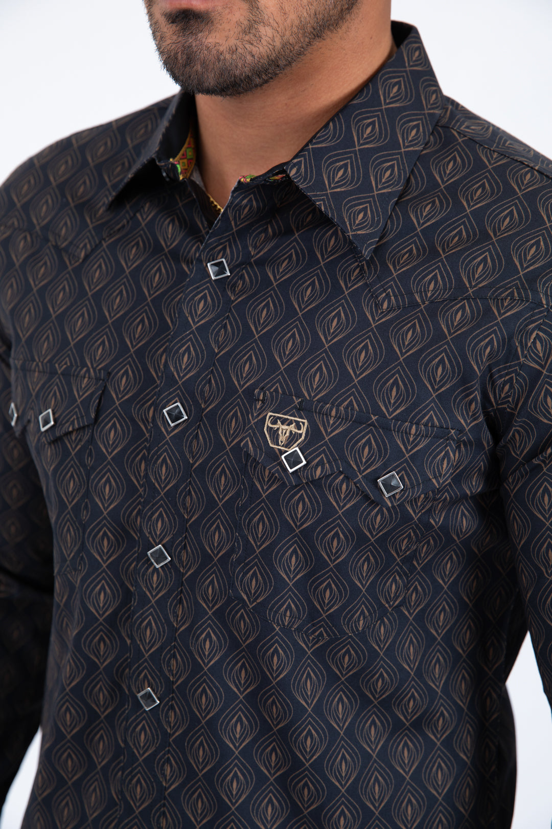 black micro pattern geometric western shirt platini