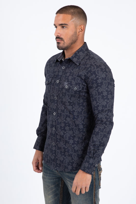 black organic botanical western shirt platini side