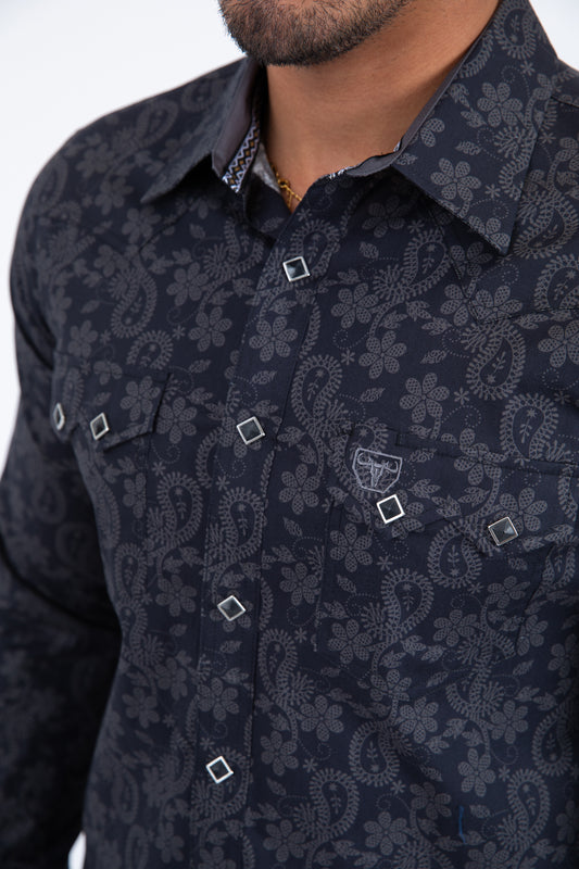 black organic botanical western shirt platini detail