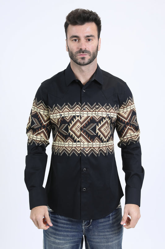 Mens Western Modern Fit Cotton/Spandex Long Sleeve Black Shirt with Snaps