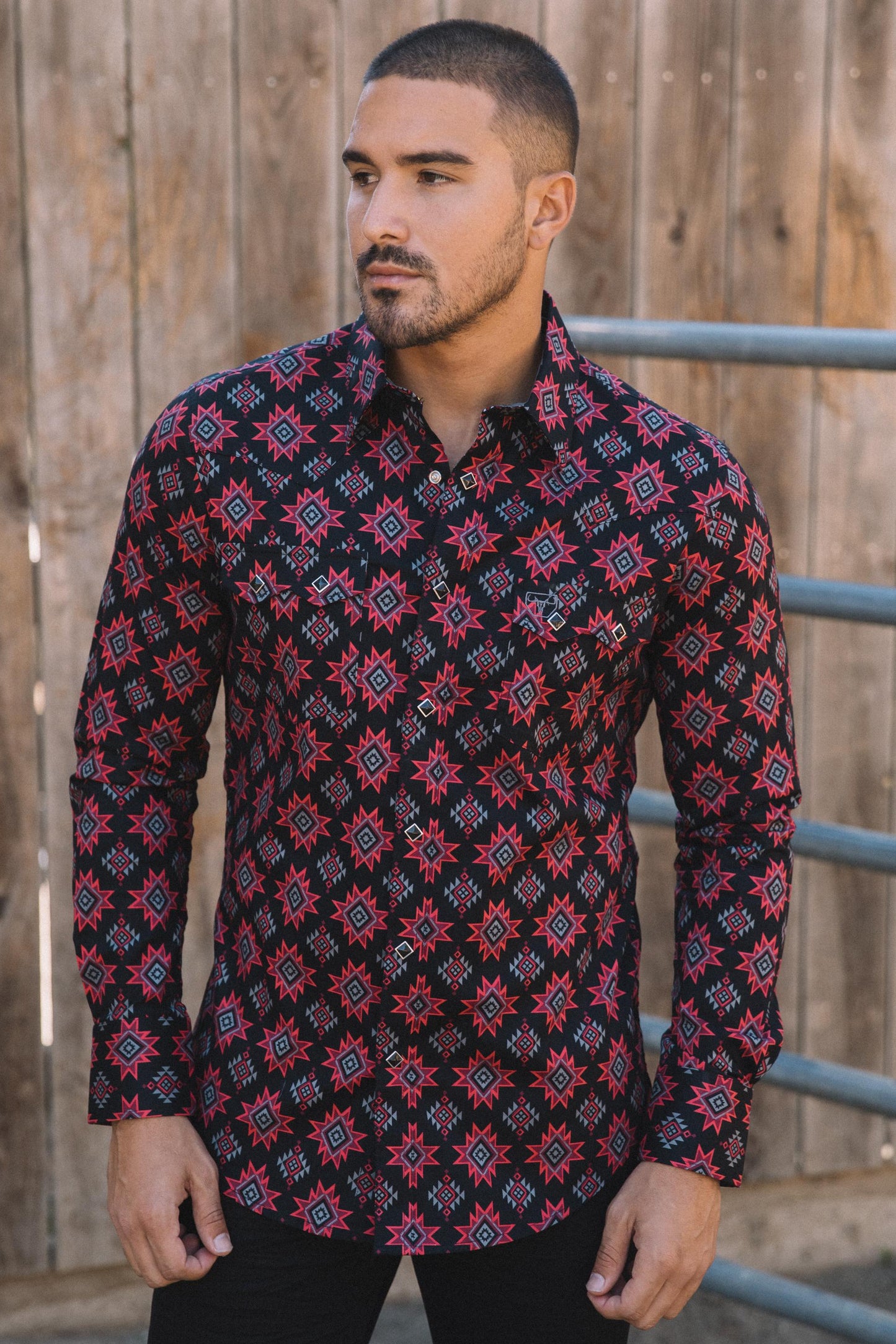 Mens Western Modern Fit Cotton/Spandex Long Sleeve Black Shirt with Snaps