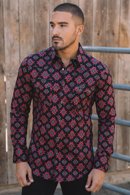 Mens Western Modern Fit Cotton/Spandex Long Sleeve Black Shirt with Snaps