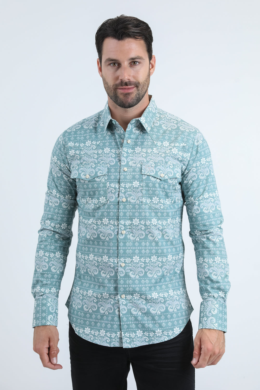 Mens Western Modern Fit Cotton/Spandex Long Sleeve Blue Shirt with Snaps
