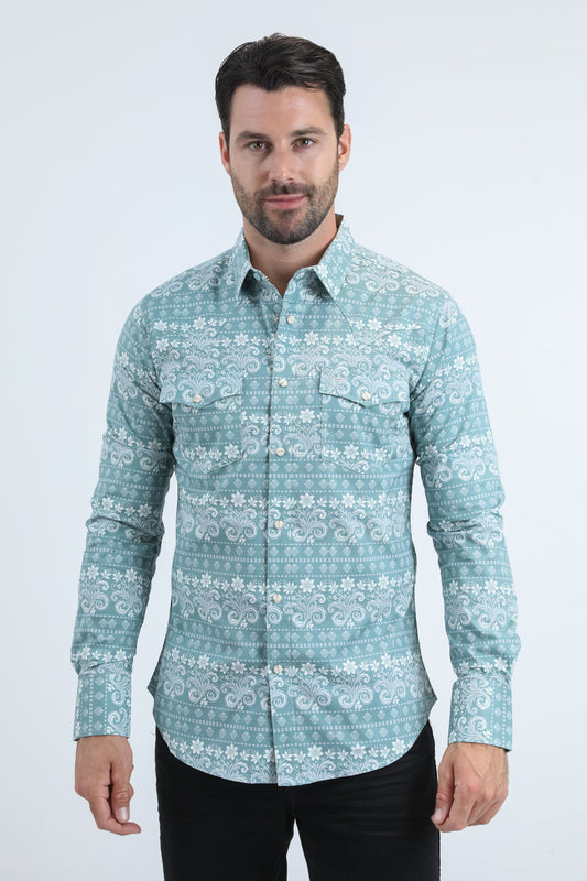Mens Western Modern Fit Cotton/Spandex Long Sleeve Blue Shirt with Snaps