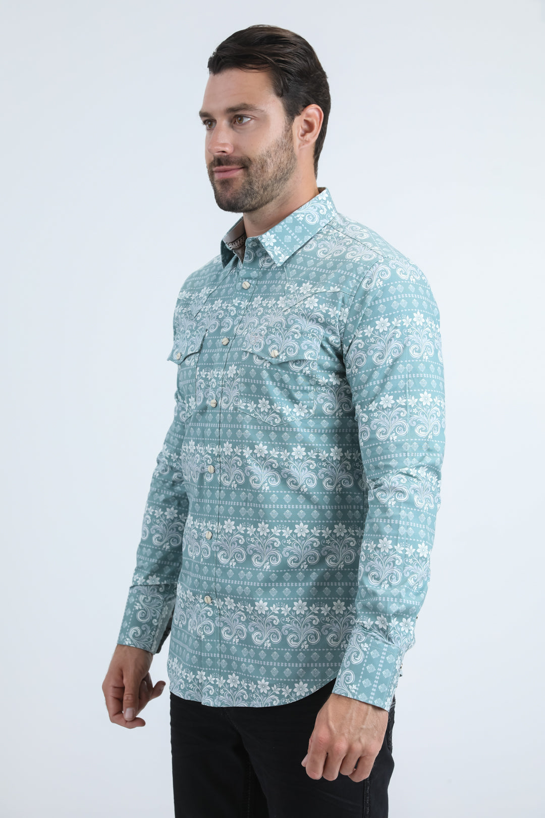 Mens Western Modern Fit Cotton/Spandex Long Sleeve Blue Shirt with Snaps
