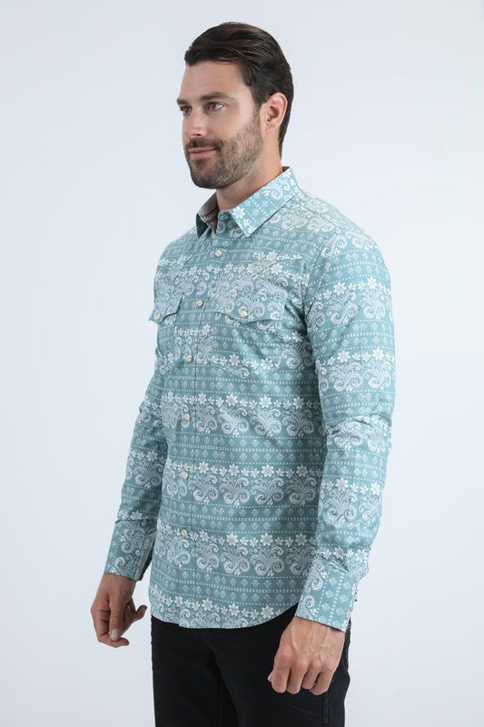 blue large scale botanical western shirt men platini detail-2