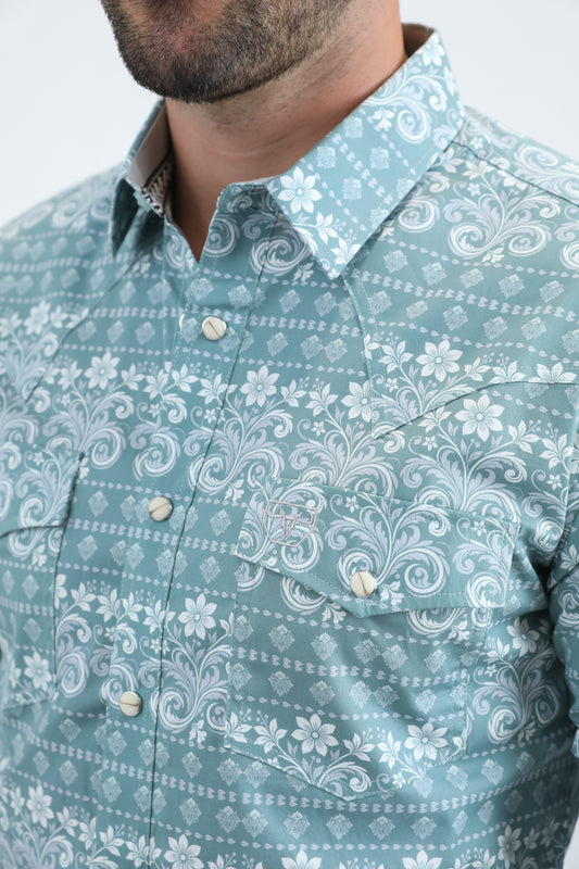 blue large scale botanical western shirt men platini close-up