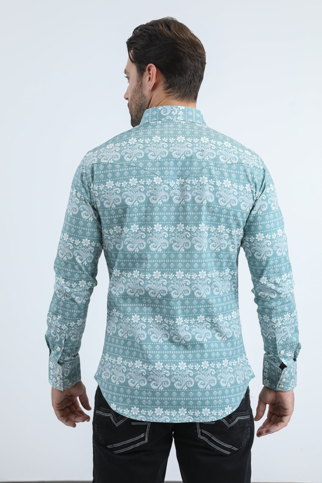 Mens Western Modern Fit Cotton/Spandex Long Sleeve Blue Shirt with Snaps