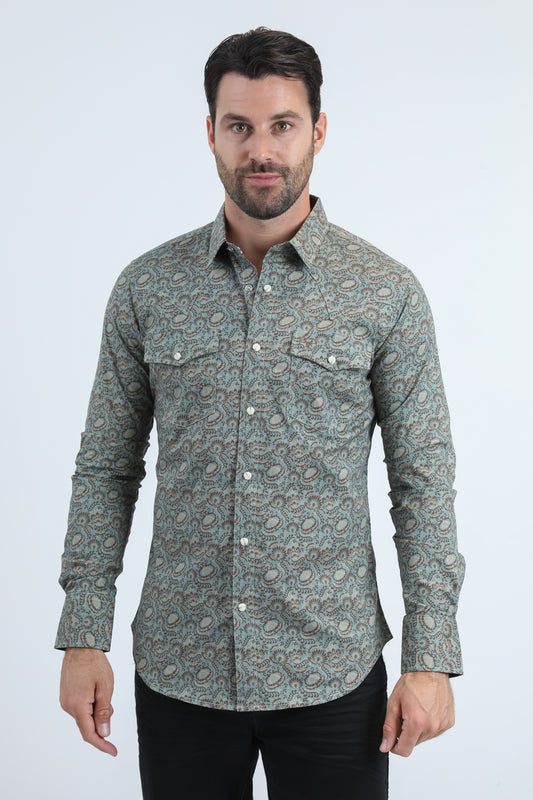 Mens Western Modern Fit Cotton/Spandex Long Sleeve Blue Shirt with Snaps