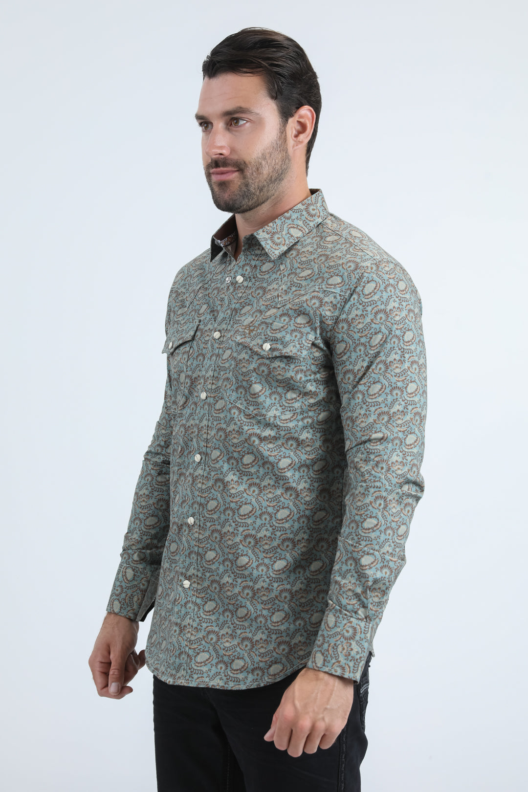 Mens Western Modern Fit Cotton/Spandex Long Sleeve Blue Shirt with Snaps
