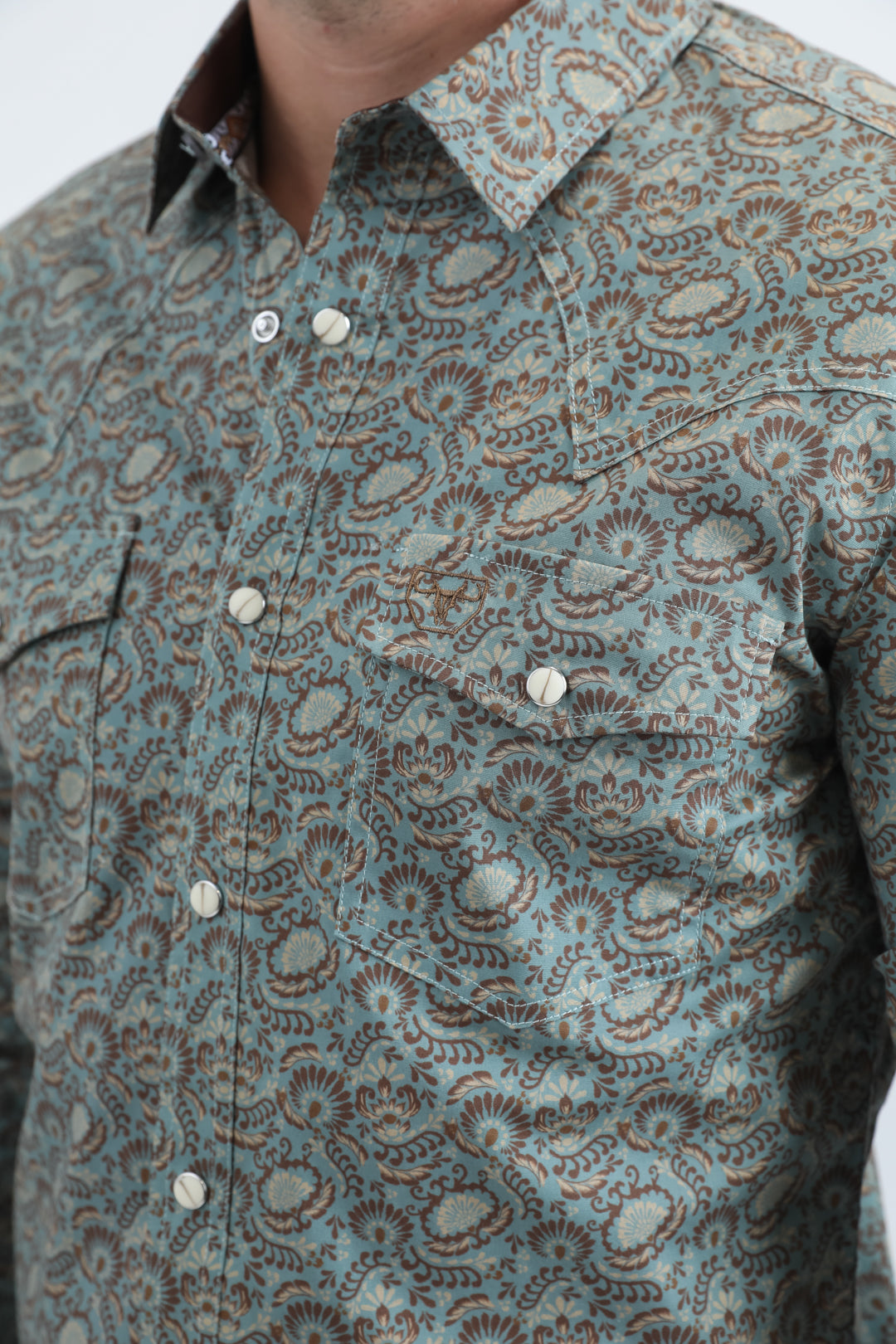 Mens Western Modern Fit Cotton/Spandex Long Sleeve Blue Shirt with Snaps
