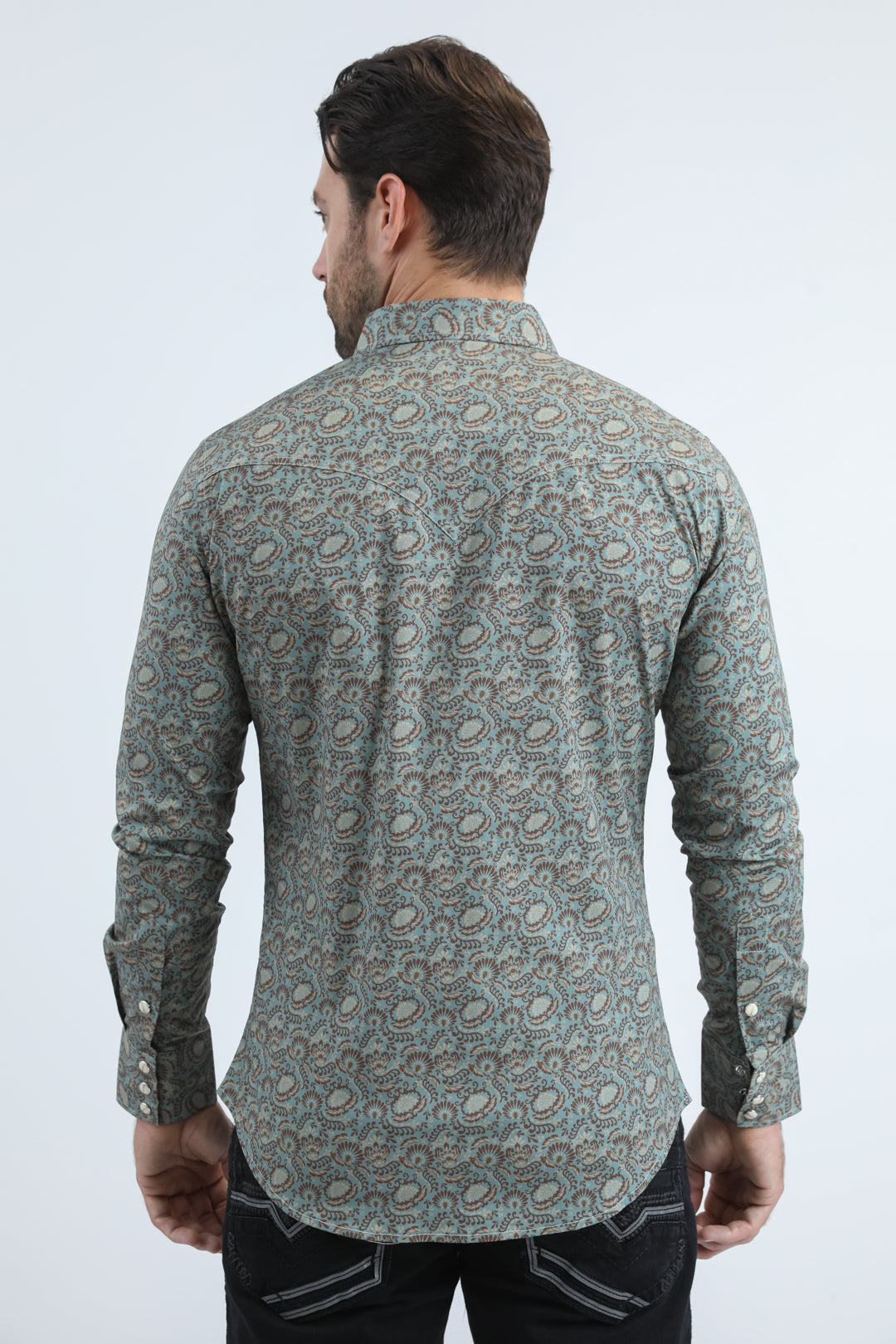 Mens Western Modern Fit Cotton/Spandex Long Sleeve Blue Shirt with Snaps