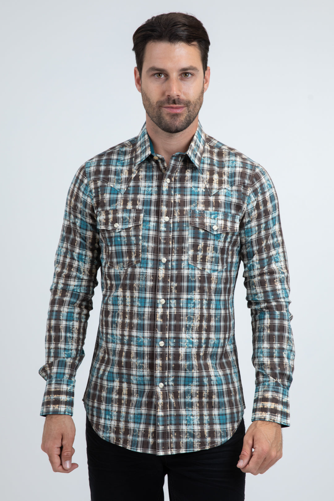 Mens Western Modern Fit Cotton/Spandex Long Sleeve Blue Shirt with Snaps