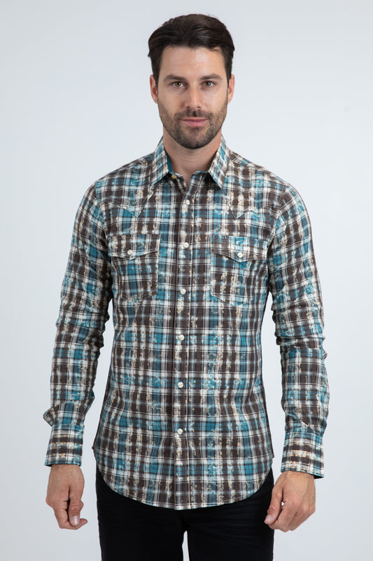 Mens Western Modern Fit Cotton/Spandex Long Sleeve Blue Shirt with Snaps