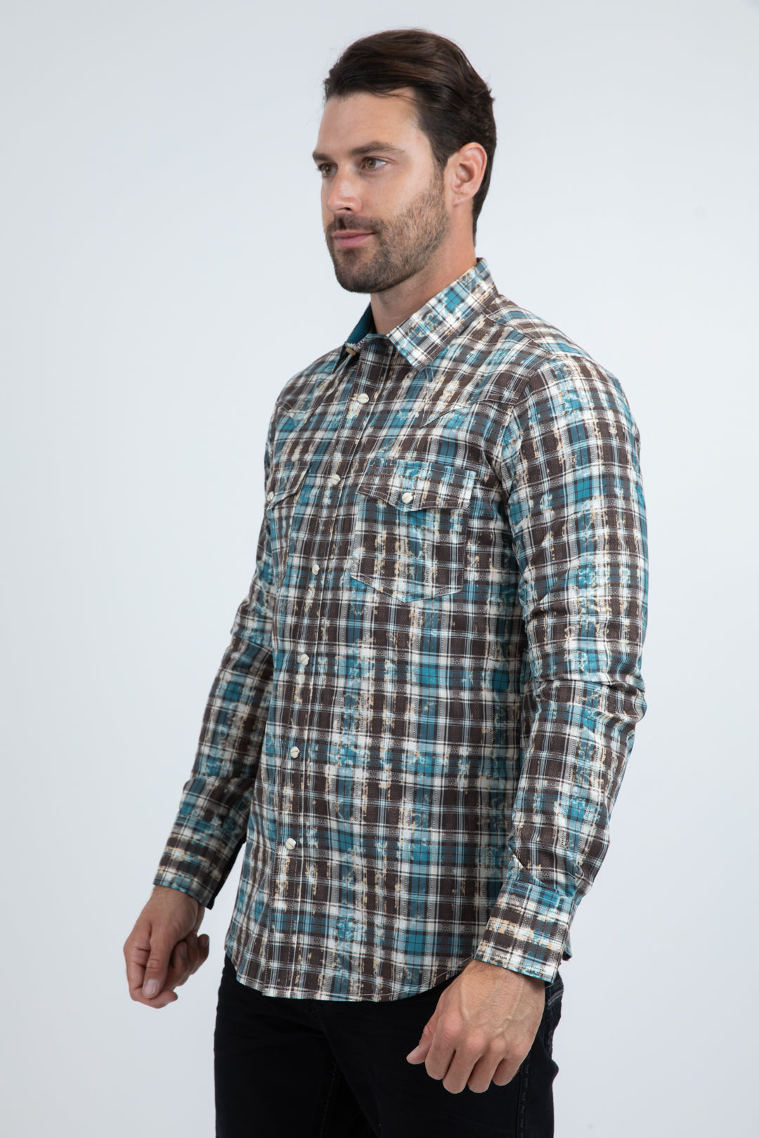Mens Western Modern Fit Cotton/Spandex Long Sleeve Blue Shirt with Snaps