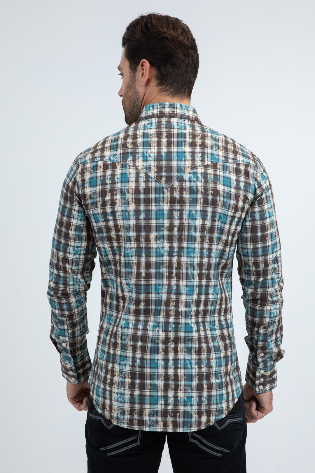 Mens Western Modern Fit Cotton/Spandex Long Sleeve Blue Shirt with Snaps